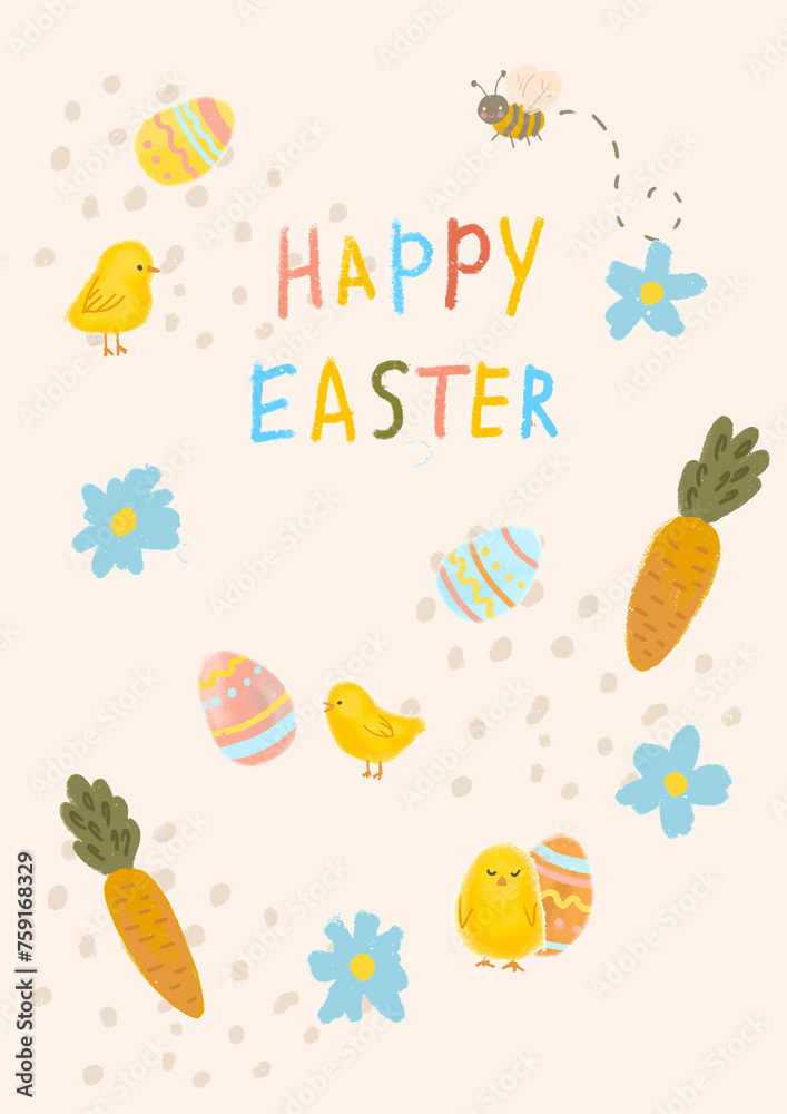 Happy Easter for holiday postcard, in a hand-drawn style in a trendy design. With Easter eggs and spring flowers.