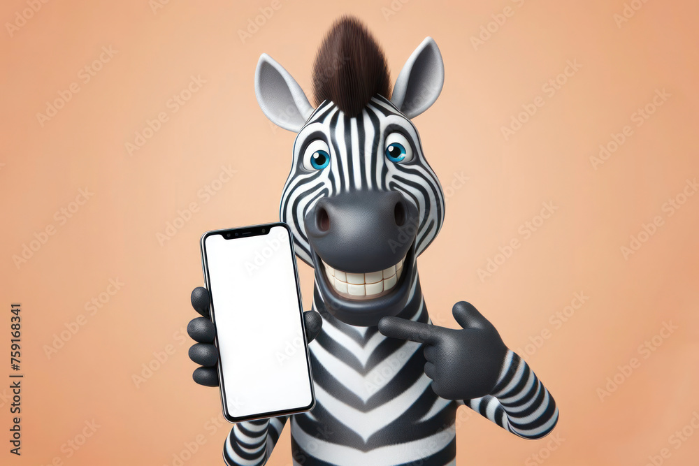 Closeup of the face of a smiling zebra pointing his finger at a phone with a white screen. ai generative
