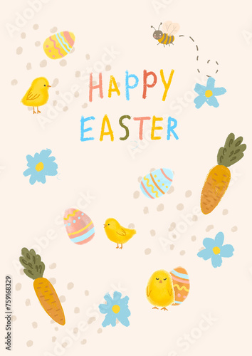 Happy Easter for holiday postcard  in a hand-drawn style in a trendy design. With Easter eggs and spring flowers.