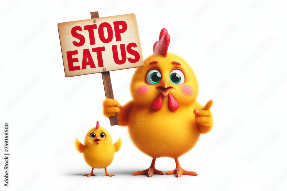 funny chicken holding a sign with the inscription STOP EAT US on white isolated background. ai generative funny chicken holding a sign with the inscription STOP EAT US on white isolated background. ai generative