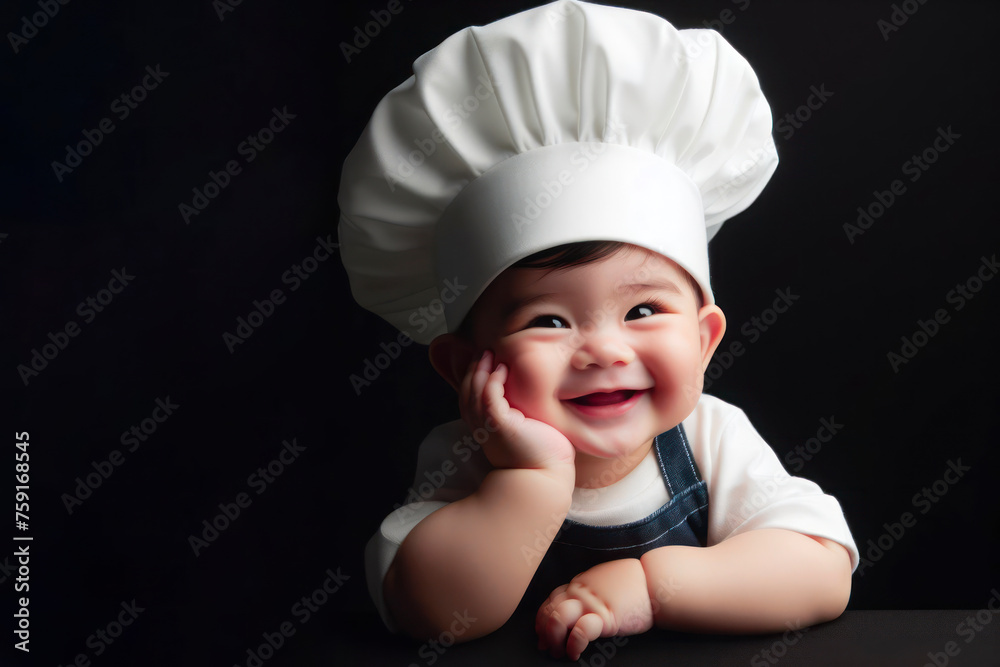happy baby wear cook hat isolated on solid black background copy space. ai generative happy baby wear cook hat isolated on solid black background copy space. ai generative