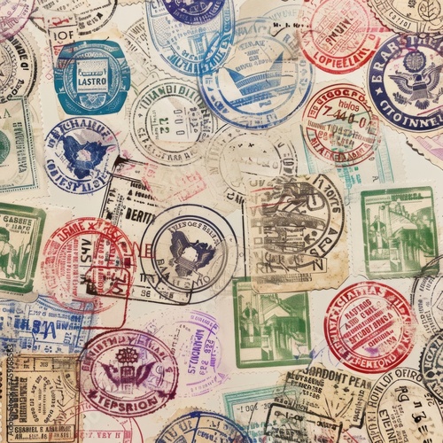 Travel background with different passport stamps. photo