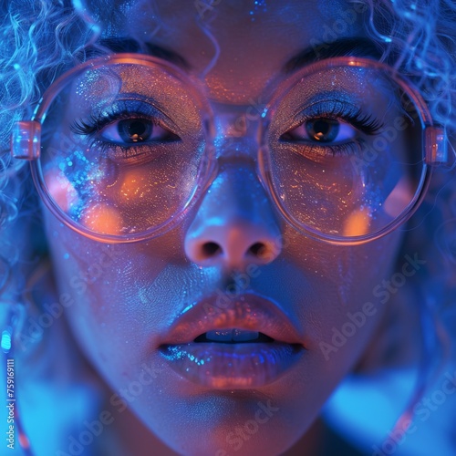 mixed race fashion model, extreme close-up, fish eye, dramatic blue light, neon effect, fashion shoot, high detail, cinematic, contrast background, fashion magazine cover