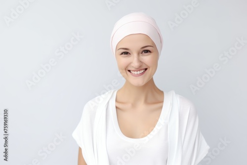 A joyful woman in a headscarf celebrating her recovery after chemotherapy. Radiant Woman Embracing Life After Chemotherapy