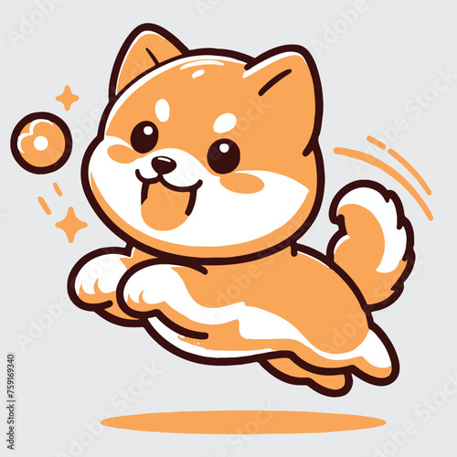 Cute cartoon shiba inu dog jumping with flying balls. Vector illustration.