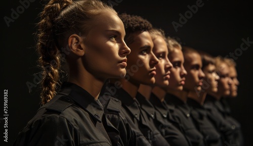 young police cadets, men and women, stand wide in a long row, ready for duty