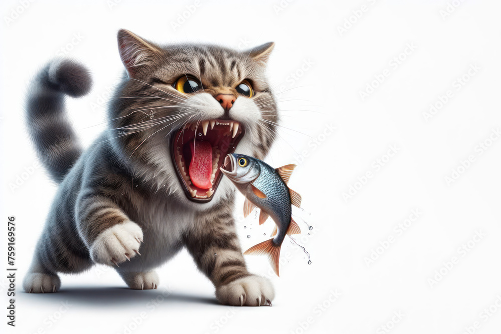Obraz premium full body Angry cat with an open mouth and a fish in it on a color white background. ai generative