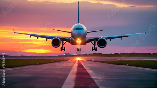 A large Aeroplane taking off from runway at sunset or dawn with the landing gear. Aeroplane take off