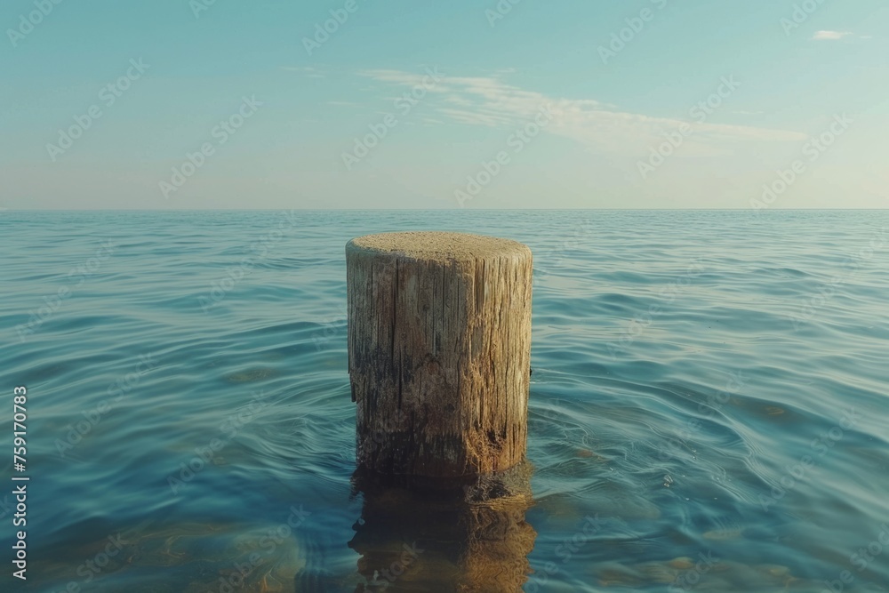 A wooden pier with a blue and white color scheme. The pier is located in the ocean and is surrounded by water. The image has a calm and peaceful mood, as it captures the beauty of the pier - obrazy, fototapety, plakaty 