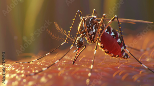 Mosquito sucking blood. Aedes Aegypti Mosquito on human skin.Mosquito vector borne disease is carrier of Malaria, Zica Virus, Chikungunya, Dengue,Yellow Fever,Encephalitis . Generative AI. photo