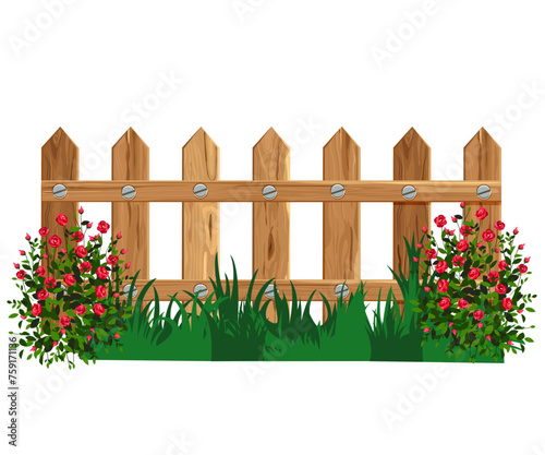 fence with rose bushes. Wooden fence. Vector flat illustration. Can be used to design games, postcards, websites, children's books and much more.
