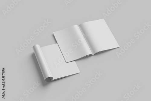 Open paper A4 brochure blank in perspective view, 3d render illustrstion.