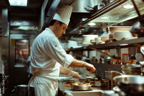 male chef is preparing food in a restaurant