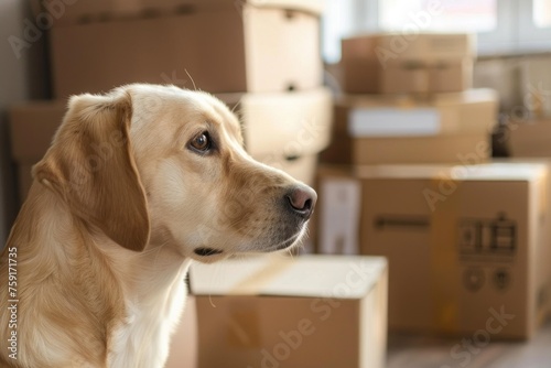 dog looking out in front of boxes
