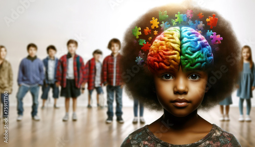 Portrait of a curly-haired African American female color puzzle against a background of healthy peers. Concept of Child Mental Health, World Autism Awareness Day