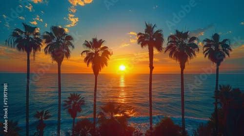 Sunset Over the Ocean With Palm Trees © olegganko
