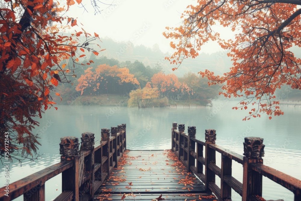 Naklejka premium dock leading to a lake is foggy