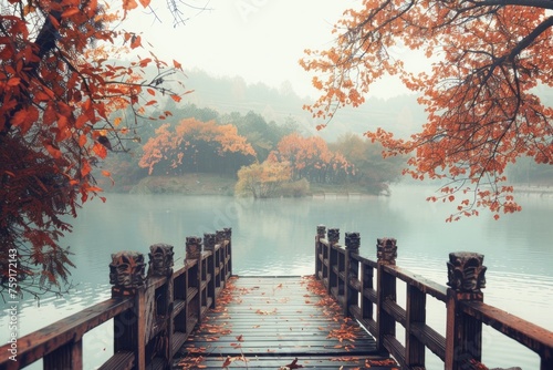 dock leading to a lake is foggy