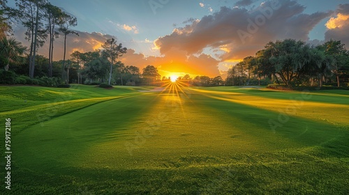 Sun Setting Over Golf Course