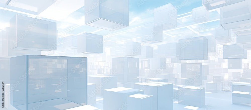A room resembling a cloudfilled sky with numerous white cubes floating in the air, creating an atmospheric urban design of rectangles like a skyscraper of water A room resembling a cloudfilled sky with numerous white cubes floating in the air, creating an atmospheric urban design of rectangles like a skyscraper of water