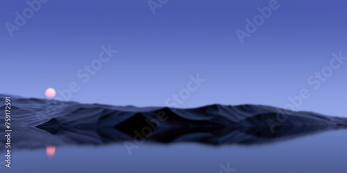 Landscape of mountains with planet at dusk on the horizon of lake,water in blur,wallpaper.3D render