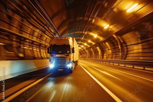fleet of trucks moving through a tunnel at night