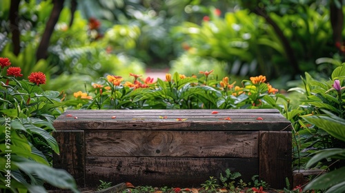 Wooden Box Overflowing With Flowers in Garden