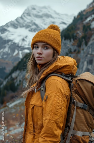 Woman Standing in Front of Mountain With Backpack