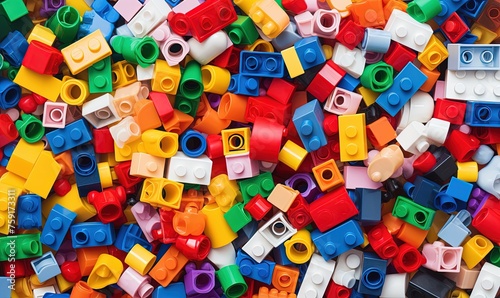 A toy constructor. Close-up of a haphazard pile of colorful toy bricks. View from above photo