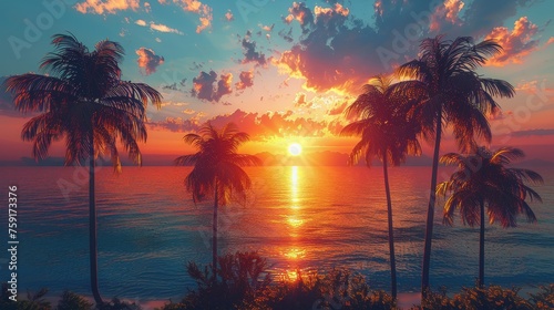 Sunset Over the Ocean With Palm Trees