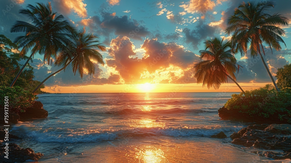Two Palm Trees on Beach at Sunset