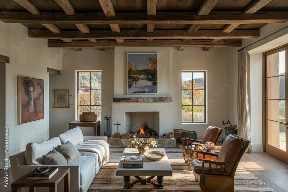 living room with a fireplace and beams