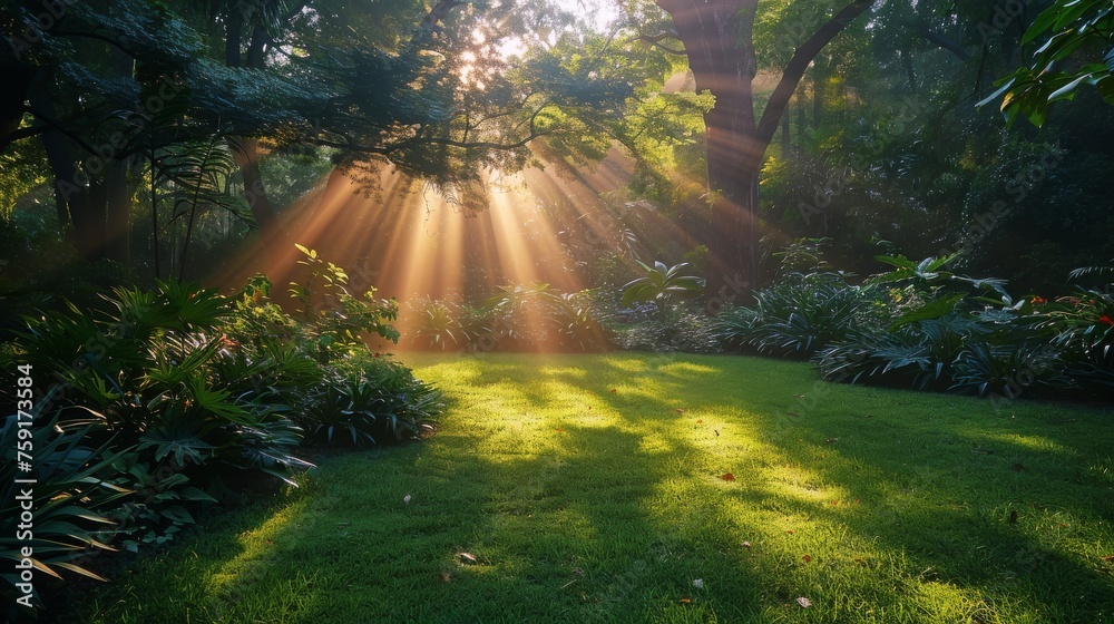 Obraz premium Sun Shines Through Trees in Garden