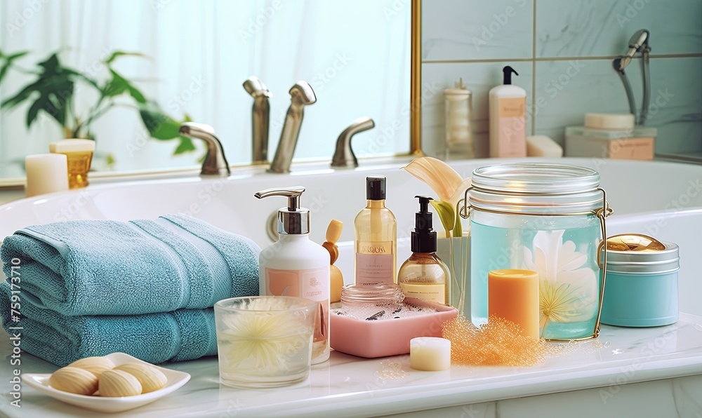 Various personal care products and accessories on the bathroom sink