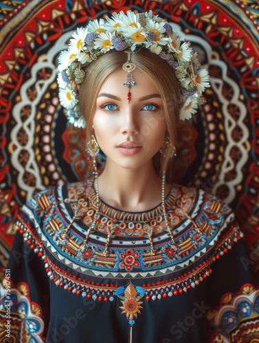 Woman in ethnic attire with a vibrant flower crown and detailed embroidery