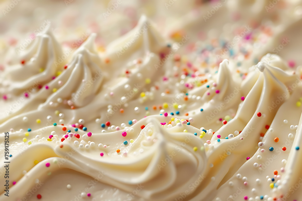 Close Up of a Cake With White Frosting and Sprinkles Close Up of a Cake With White Frosting and Sprinkles