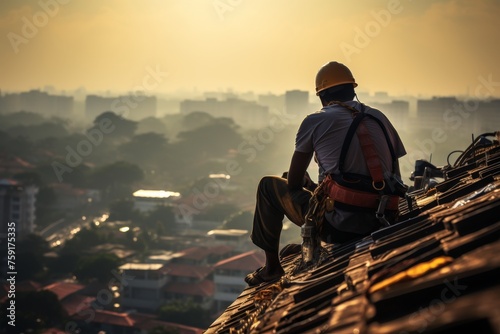 Experienced construction worker actively engaged in roof installation on a building site