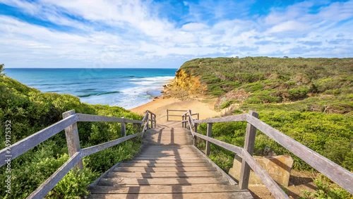 Walkway of the legendary Bells Beach - the beach of the cult film Point Break, near Torquay, gateway to the Surf Coast of Victoria, Australia, where he began the famous Great Ocean Road. Cinemagraph. photo