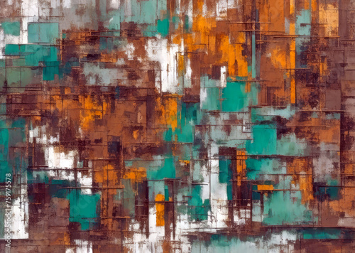 Abstract art background with a textured surface of rough square shapes in green and rusty brown colors 