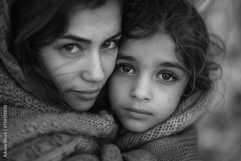 Refugee mother woman gently embraces her little daughter. Poor homeless people, happy with together Refugee mother woman gently embraces her little daughter. Poor homeless people, happy with together
