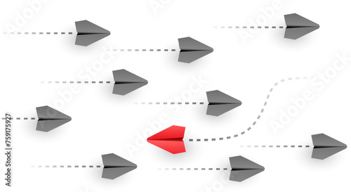 Think different - individuality concept. Individual and unique leader paper plane flies to the side. Vector