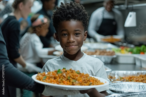 Young, positive, black boy in homeless shelter receives help, volunteers distribute food in canteen, social problems, children on street