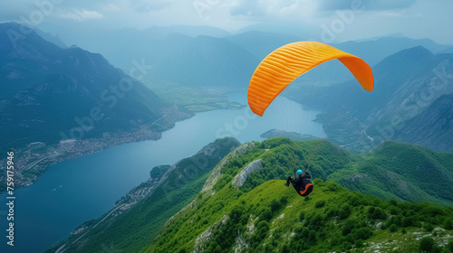 Single paraglider on an orange paragliding flies over green mountains and beautiful landscapes at beautiful day
