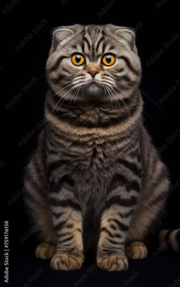 Full body front view studio portrait beautiful striped British cat sitting and looking in camera isolated on black background