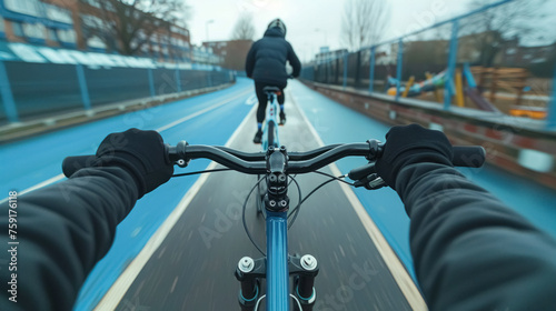 Person prepares for bike ride on an cycle track. Concept of an active lifestyle, sports leisure