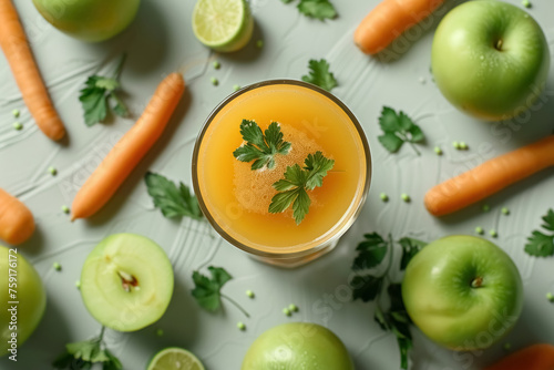 Top view of glass of healthy detox juice on grey concrete background, drink with carrot and green apple juice, concept healthy eating, fitness and weigh loss