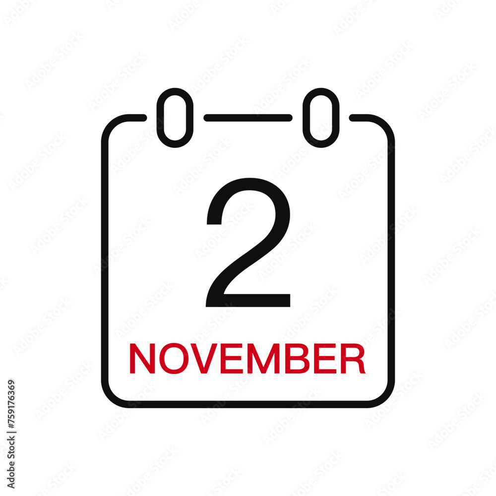 November 2 date on the calendar, vector line stroke icon for user interface. Calendar with date, vector illustration. November 2 date on the calendar, vector line stroke icon for user interface. Calendar with date, vector illustration.