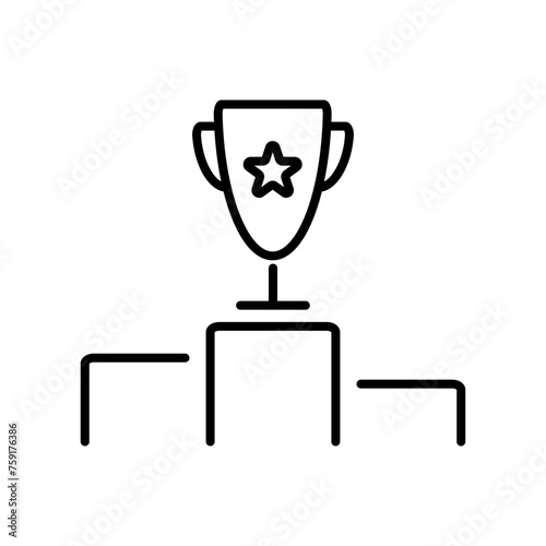 Winner podium with cup, line symbol, winner pedestal vector editable stroke icon for user interface.