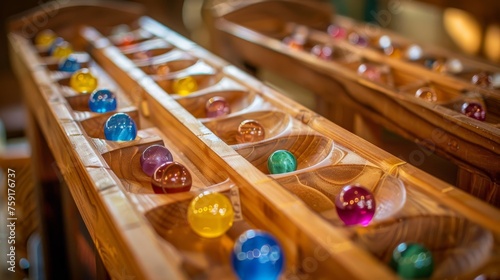 Colorful Marbles on Wooden Mancala Game Board in Warm Light