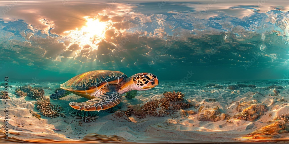 Photo A sea turtle swims in the ocean. - obrazy, fototapety, plakaty 